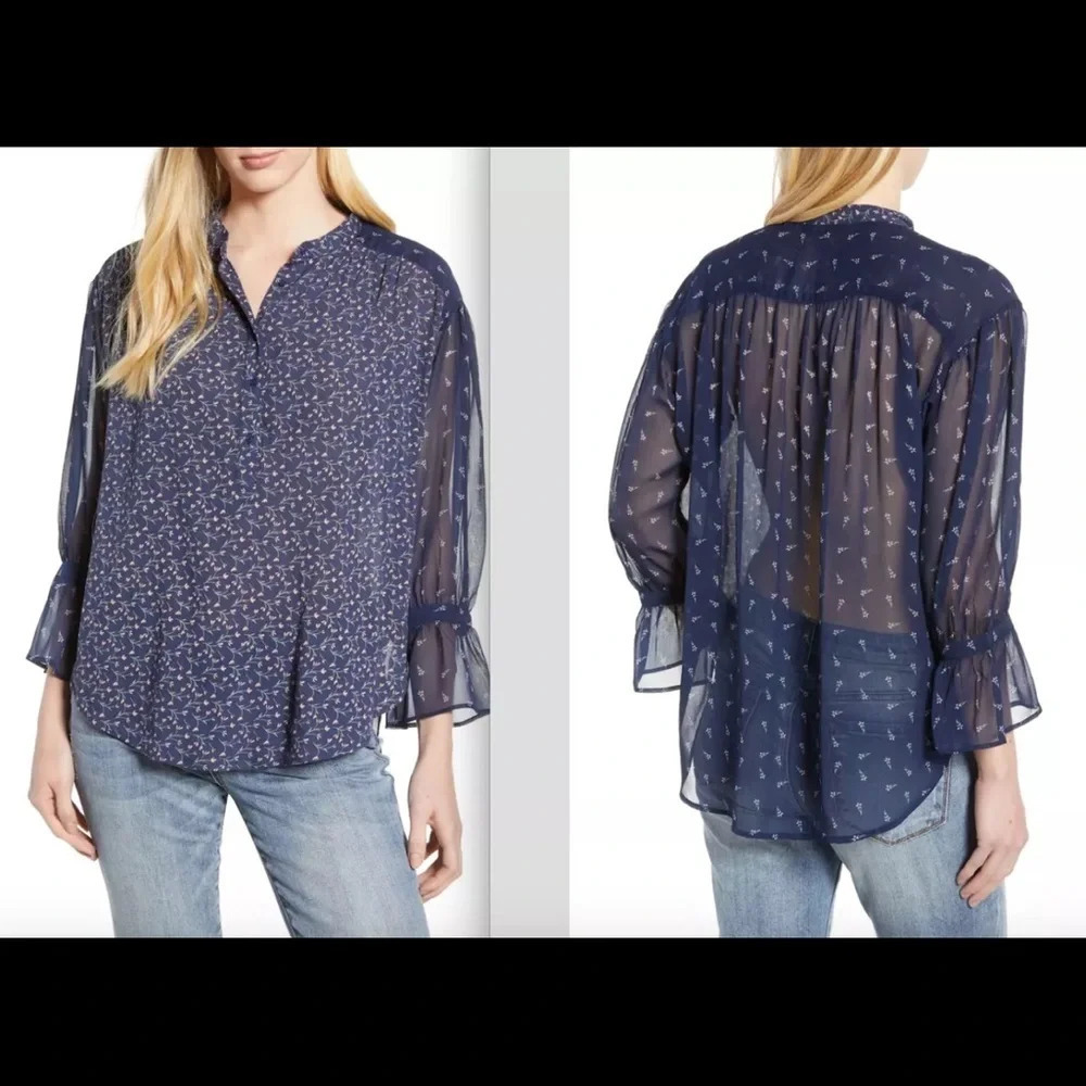 Lucky Brand Top Womens Size M Dark Blue Floral Boho Peasant Button Flowy Blouse